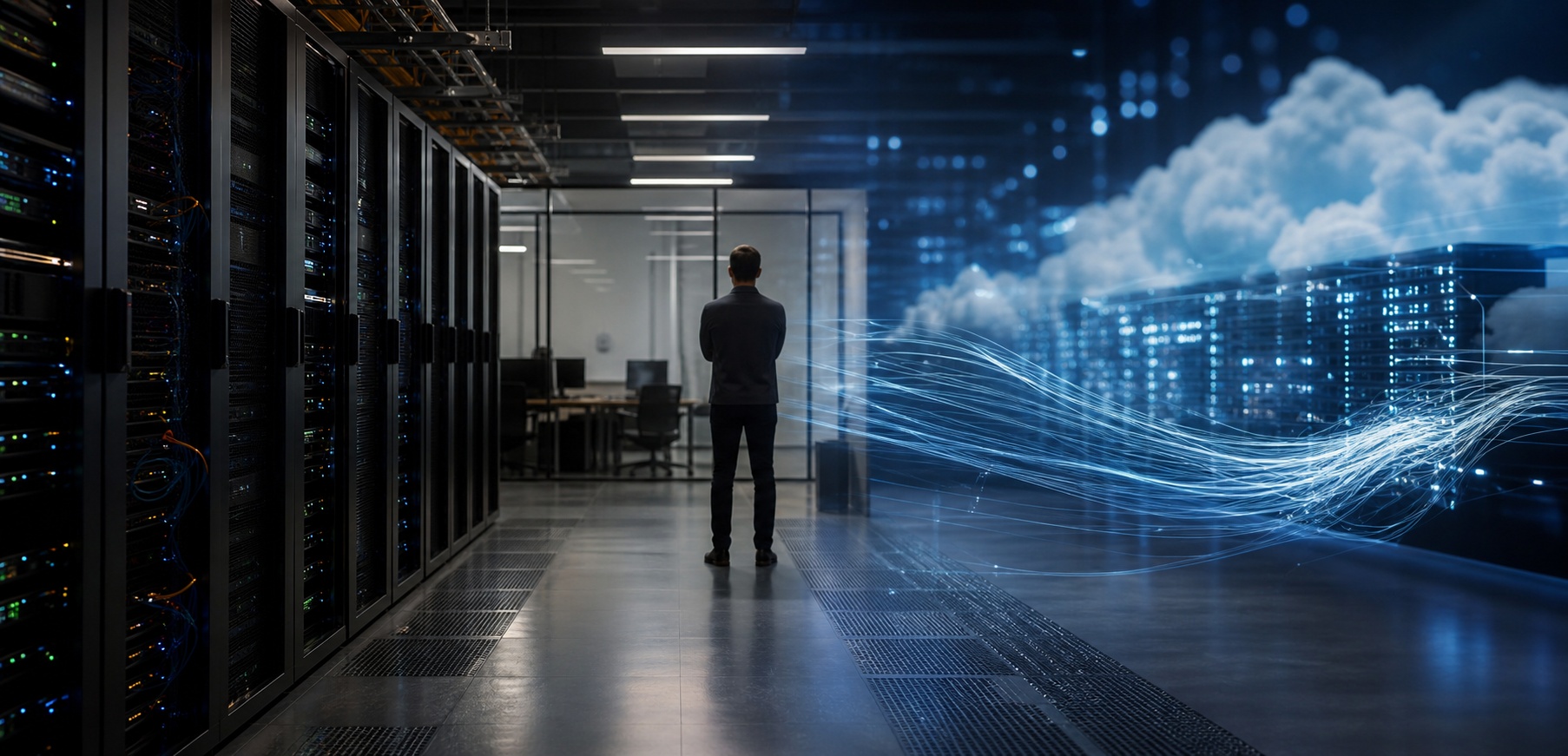 Migration d’un logiciel on premise vers le SaaS, avec serveurs physiques reliés à une infrastructure cloud sécurisée.