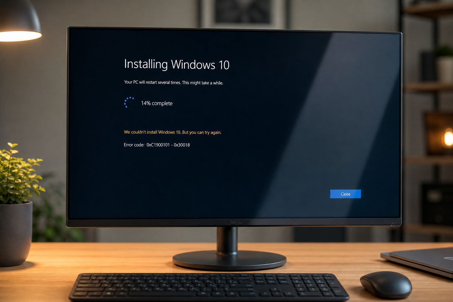 Écran d'ordinateur affichant une erreur d'installation Windows 10