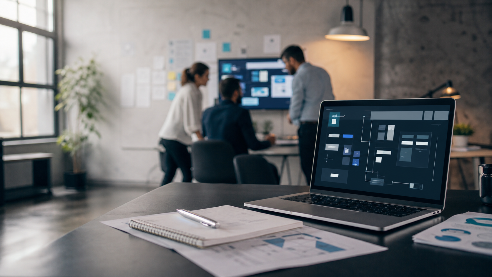 Équipe projet réunie autour d’un ordinateur pour concevoir une solution SaaS sur mesure dans un environnement technologique contemporain