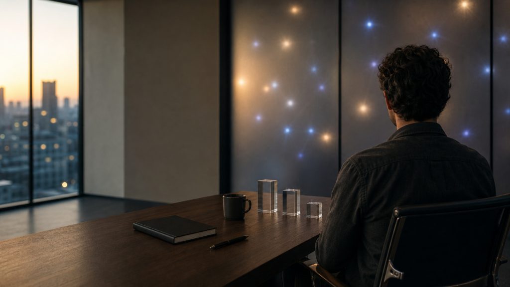 Analyste de dos dans un bureau contemporain observant un mur lumineux abstrait, illustration photoréaliste de la veille publicitaire et de l’analyse concurrentielle.