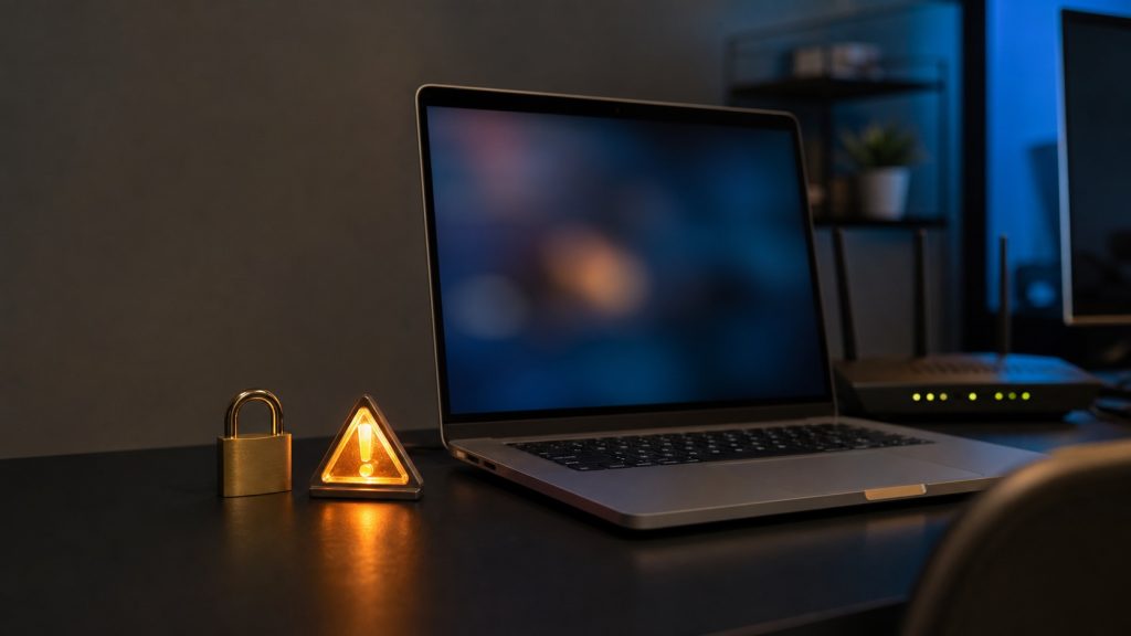 Ordinateur portable et avertissement lumineux sur un bureau, illustrant la détection et la suppression d’un logiciel potentiellement indésirable.