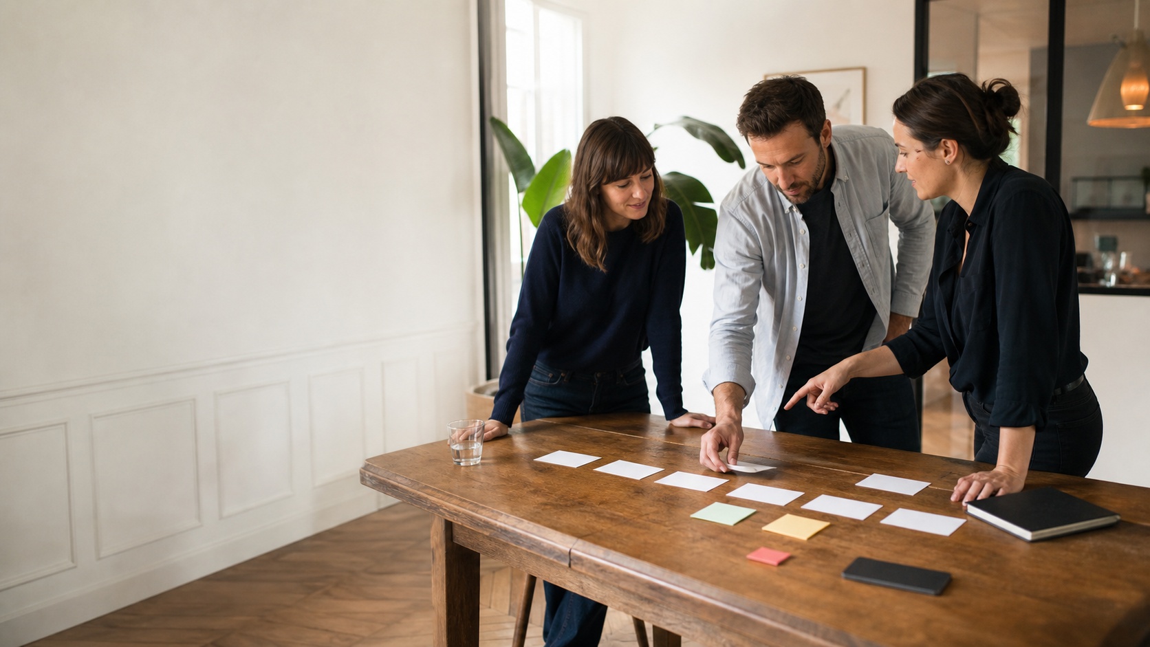 Équipe commerciale réunie autour d’une table pour organiser et prioriser ses opportunités clients avec des fiches papier