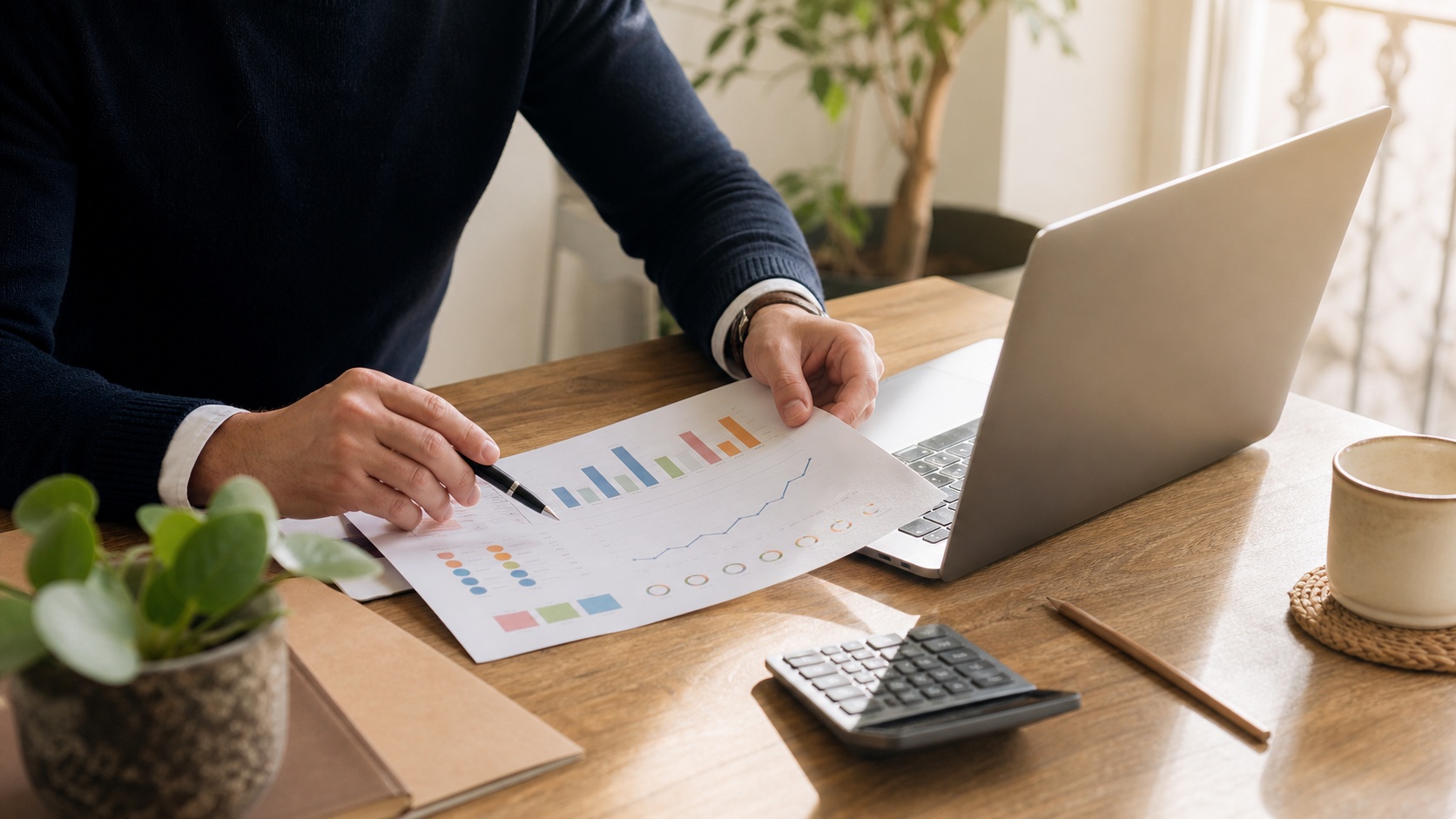 Professionnel analysant des graphiques KPI imprimés sur un bureau avec ordinateur portable, calculatrice et lumière naturelle.