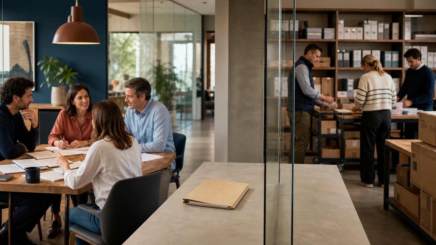 Équipe commerciale en réunion et équipe opérationnelle gérant des dossiers et colis dans des espaces reliés, illustrant les différences entre CRM et ERP