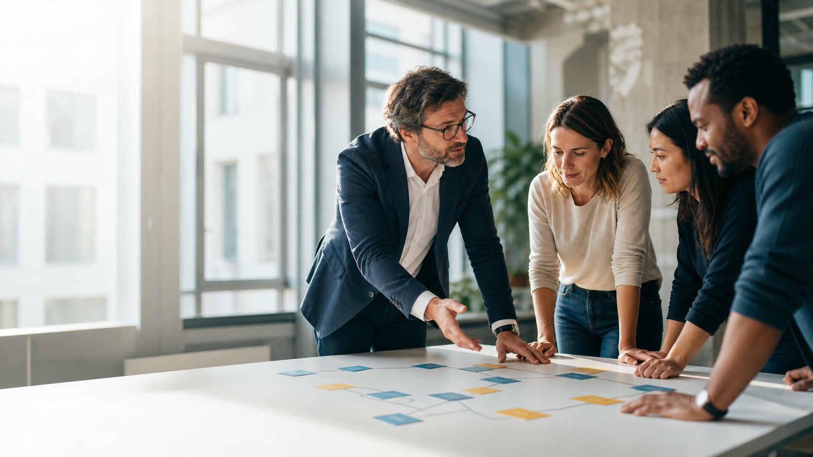 Consultant CRM et équipe cliente collaborant autour d’une table dans un bureau moderne et lumineux