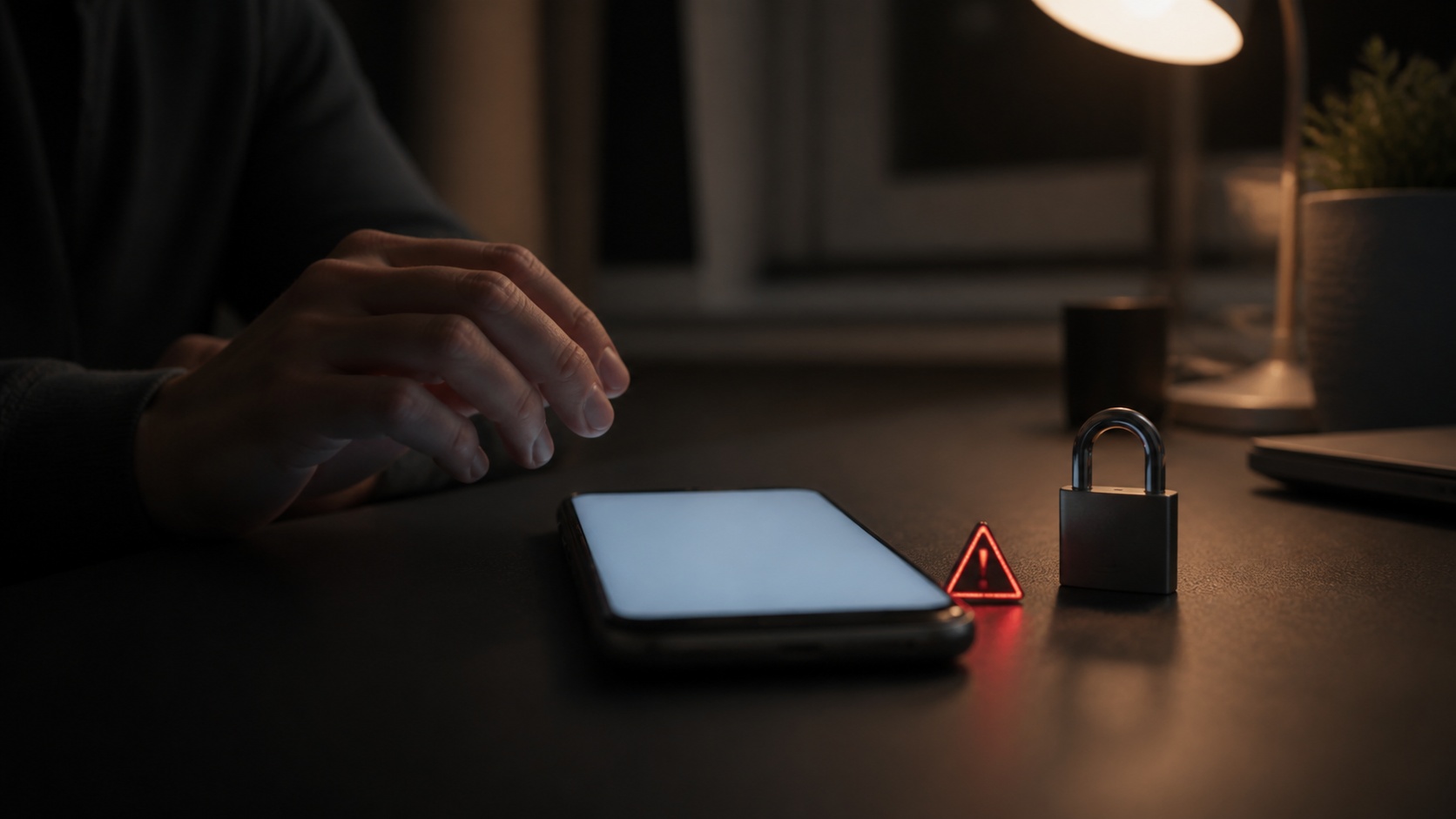 Smartphone sur un bureau sombre éclairé la nuit, avec cadenas et reflet d’alerte symbolisant les risques des téléchargements d’applications non officielles