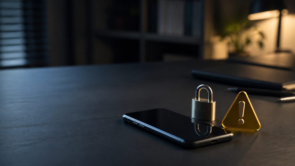 Smartphone sombre posé sur un bureau avec un cadenas et un symbole d’avertissement, illustrant les risques et précautions liés à Tweakbox